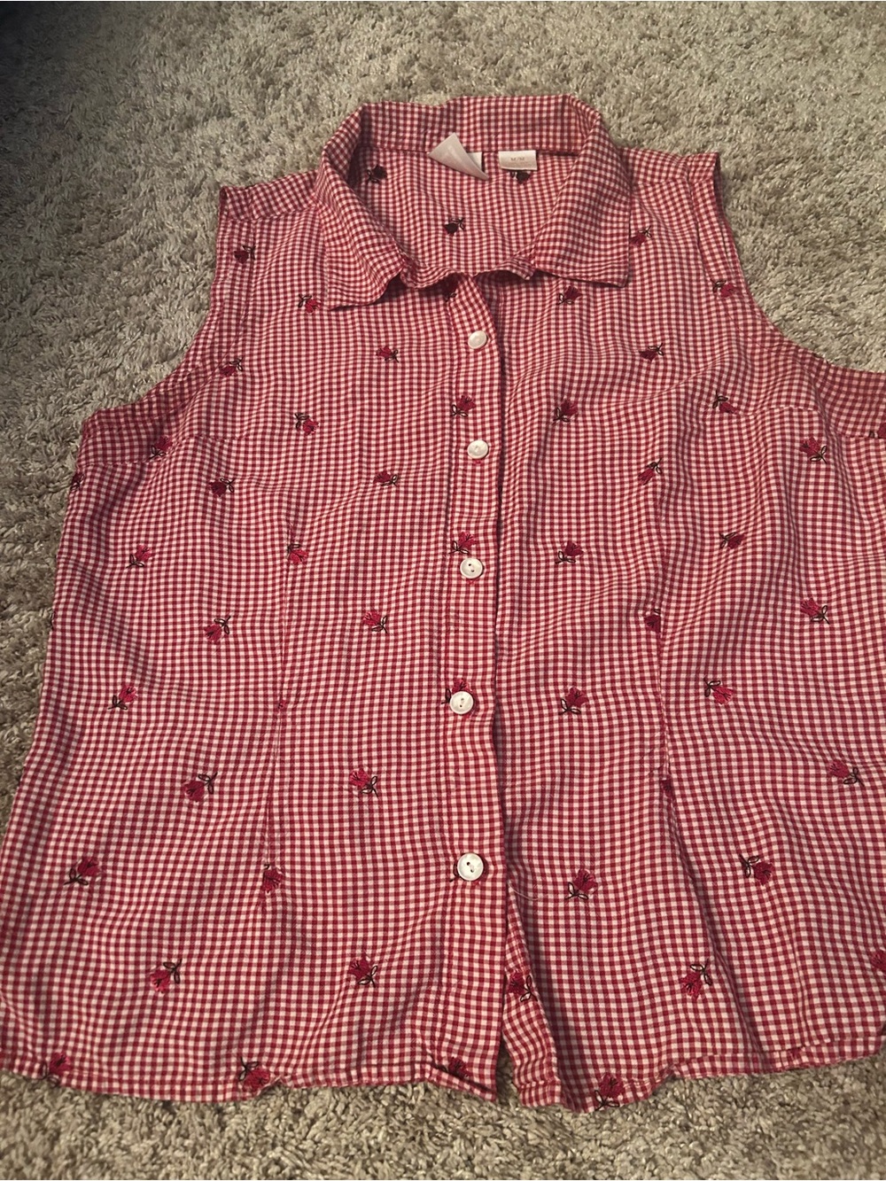 Vintage 100% Silk Red Gingham Top with Embroidered Cherries